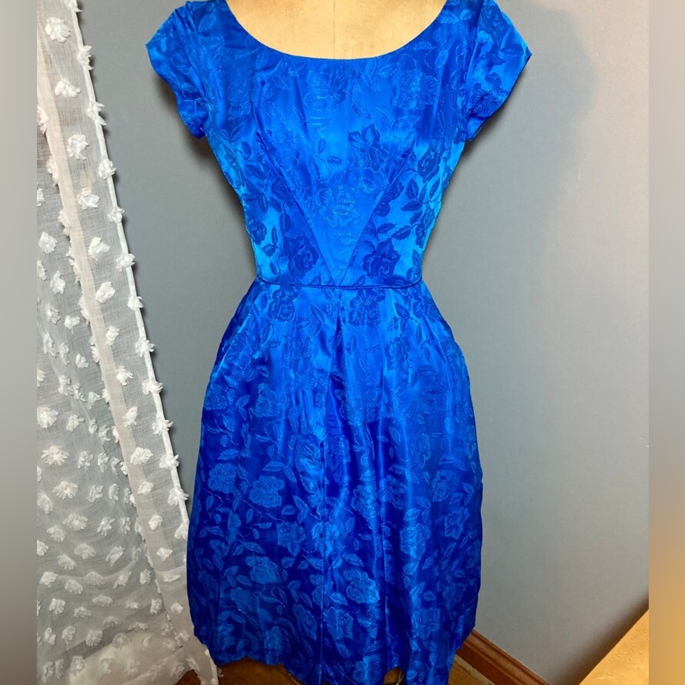 Royal blue vintage retro floral cocktail dress 50s/60 midi aline bow prom madmen - Picture 9 of 13